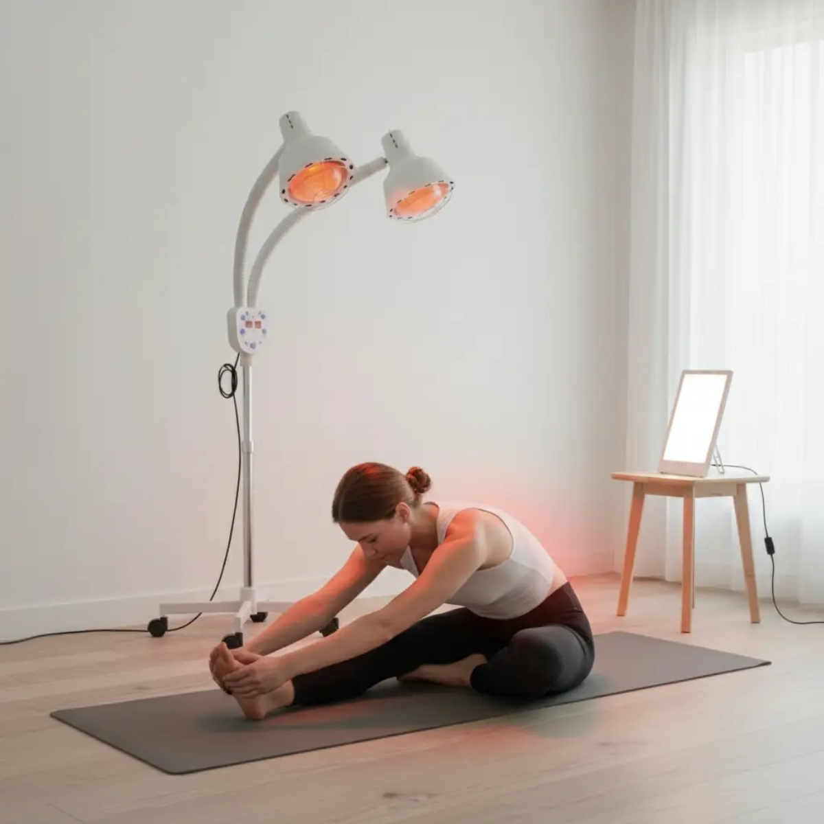 Woman stretching on a yoga mat during post-training recovery with the Mvolo Dubbele Infraroodlamp providing far-infrared heat for muscle and joint support after spring exercise