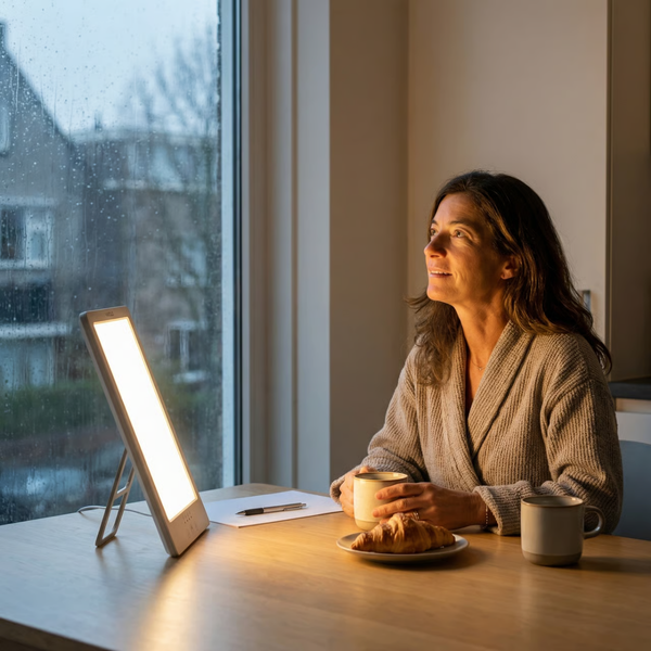 Vrouw zit aan tafel bij een raam met een lichttherapielamp en drinkt koffie in de ochtend
