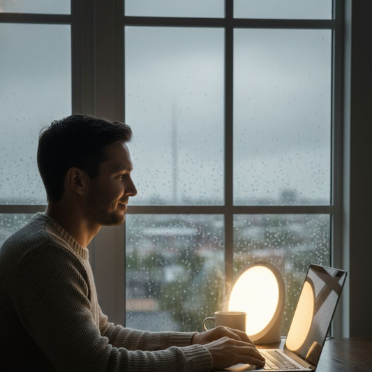 Lichttherapie en het circadiaan ritme: man werkt bij het raam met een daglichtlamp op een donkere ochtend.