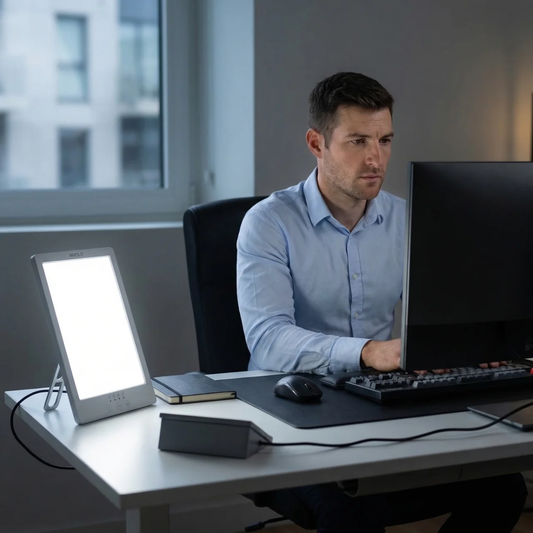 Een man die werkt aan een kantoorbureau in een donkere ruimte met een Mvolo Lucent Bright daglichtlamp naast zijn monitor ter ondersteuning van focus en energie bij binnenshuis werken