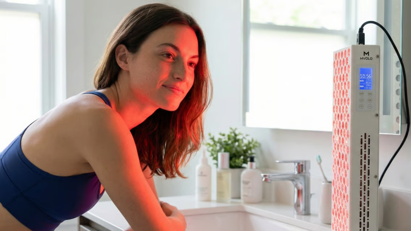 Woman using red light therapy at home with a red light therapy panel during a simple wellness routine.