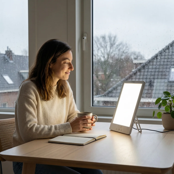 Vrouw zit rustig aan tafel met een kop thee en kijkt naar een daglichtlamp voor haar, terwijl het buiten sneeuwt.