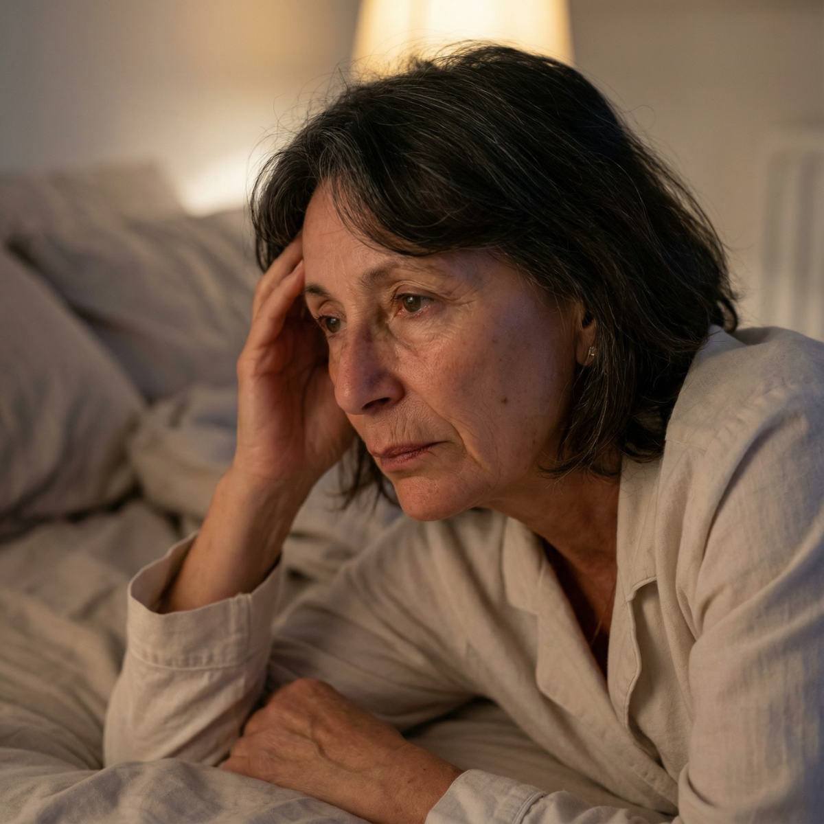 Woman lying in bed looking worried, representing hair shedding stress and considering red light therapy for hair loss.