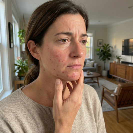 Vrouw met zichtbare acne op wang en kin bekijkt haar huid thuis