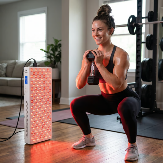 Vrouwelijke sporter gebruikt rood licht therapie paneel na krachttraining voor spierherstel en sportprestaties