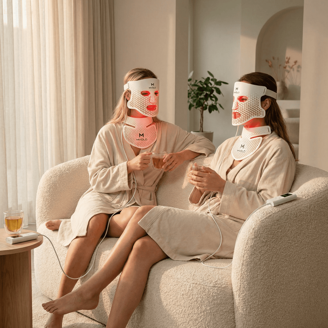 Twee vrouwen ontspannen in badjassen terwijl ze Mvolo led gezichtsmaskers met halsmasker gebruiken in een rustige thuisomgeving