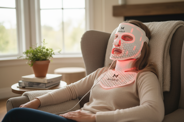 Vrouw ontspant in een fauteuil thuis terwijl ze een Mvolo LED gezichtsmasker met nekgedeelte draagt tijdens een lichttherapie sessie