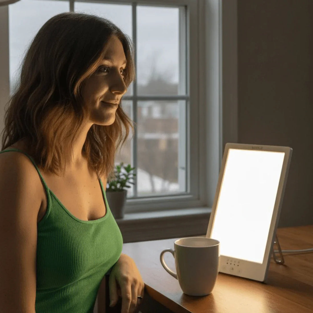 Vrouw gebruikt de Mvolo Lucent Bright daglichtlamp bij het raam als onderdeel van een ochtendroutine voor alertheid en circadiaan ritme