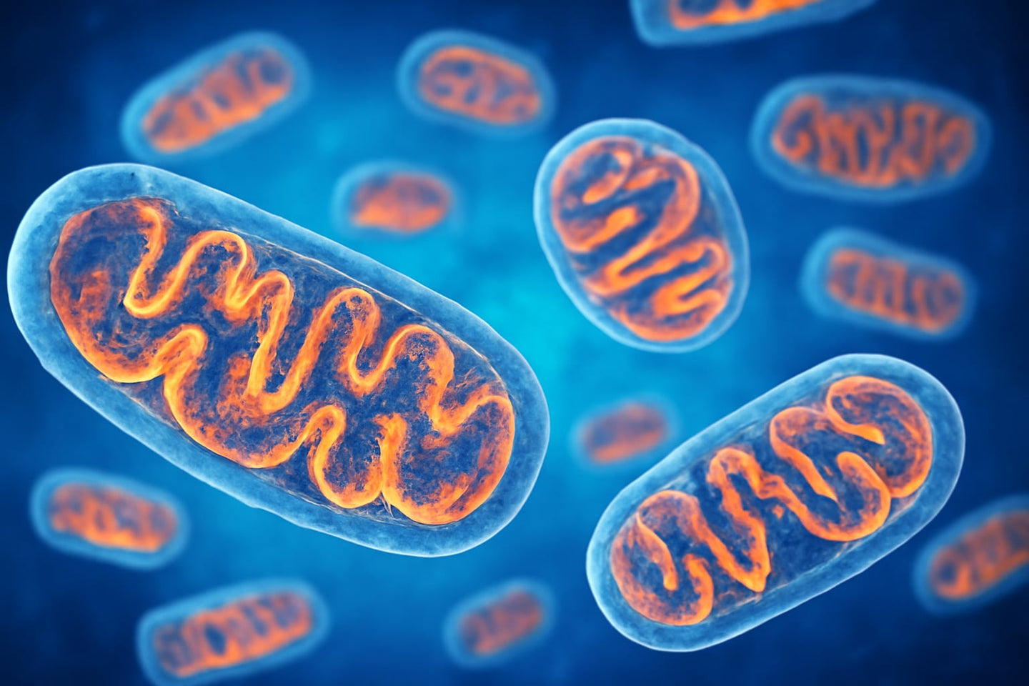 3D illustratie van mitochondriën in een cel, energieproductie en ATP als concept