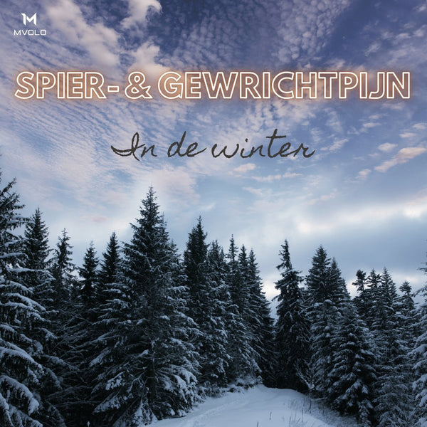 MVOLO headerafbeelding met besneeuwde dennenbomen en de tekst “Spier- & gewrichtpijn in de winter”.