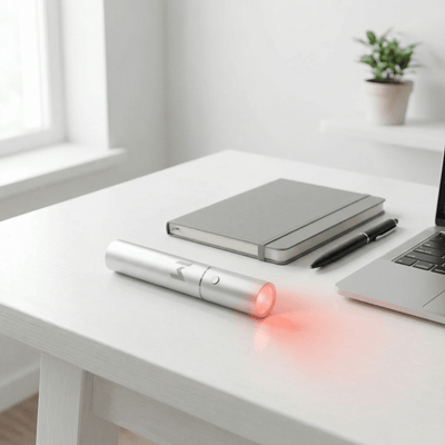 Mvolo ReliefTorch gebruikt 630, 660 & 850 nm licht voor pijnverlichting, herstel & ontspanning, compact en draagbaar.